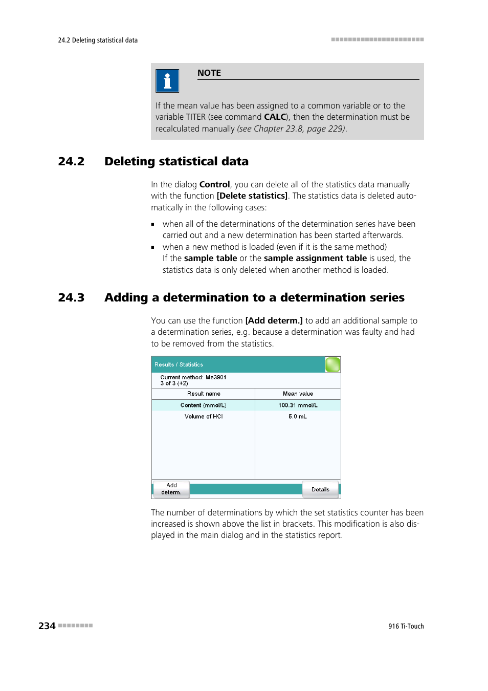 2 deleting statistical data, 3 adding a determination to a determination series | Metrohm 916 Ti-Touch User Manual | Page 250 / 459