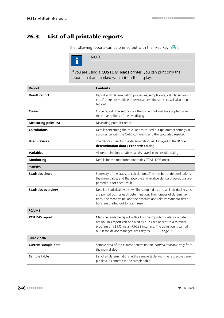 3 list of all printable reports | Metrohm 916 Ti-Touch User Manual | Page 262 / 459