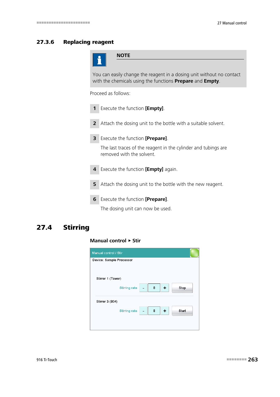 6 replacing reagent, 4 stirring, Replacing reagent | Metrohm 916 Ti-Touch User Manual | Page 279 / 459