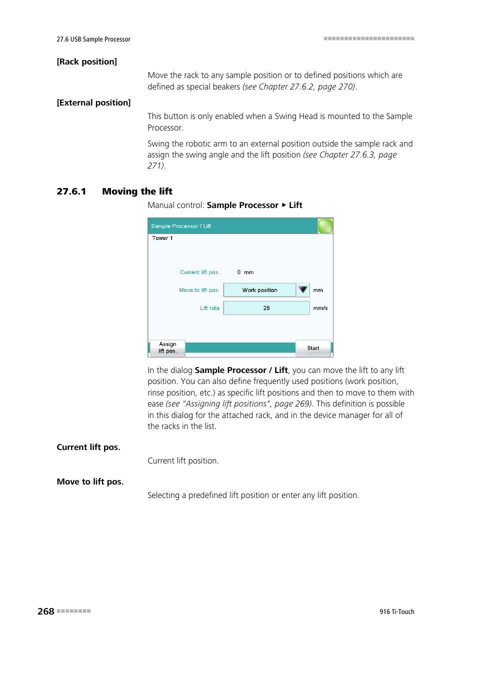 1 moving the lift, Moving the lift | Metrohm 916 Ti-Touch User Manual | Page 284 / 459