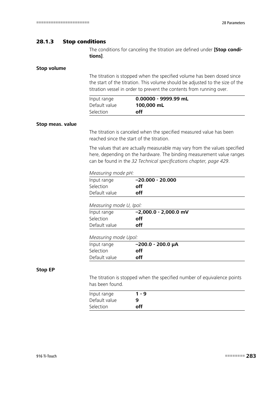 3 stop conditions, Stop conditions | Metrohm 916 Ti-Touch User Manual | Page 299 / 459