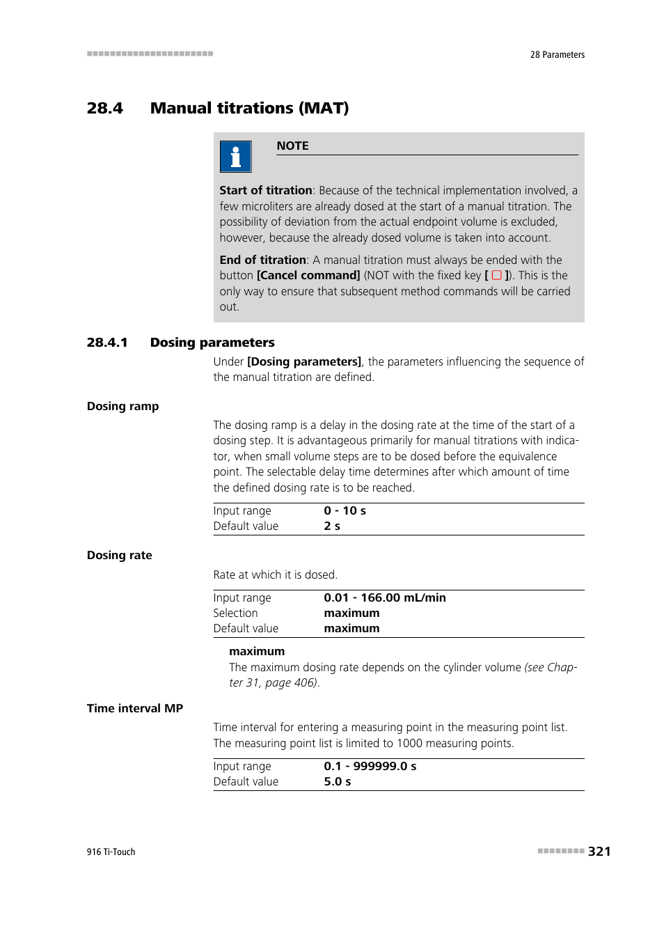 4 manual titrations (mat), 1 dosing parameters, 4 manual titrations (mat) 28.4.1 | Dosing parameters | Metrohm 916 Ti-Touch User Manual | Page 337 / 459