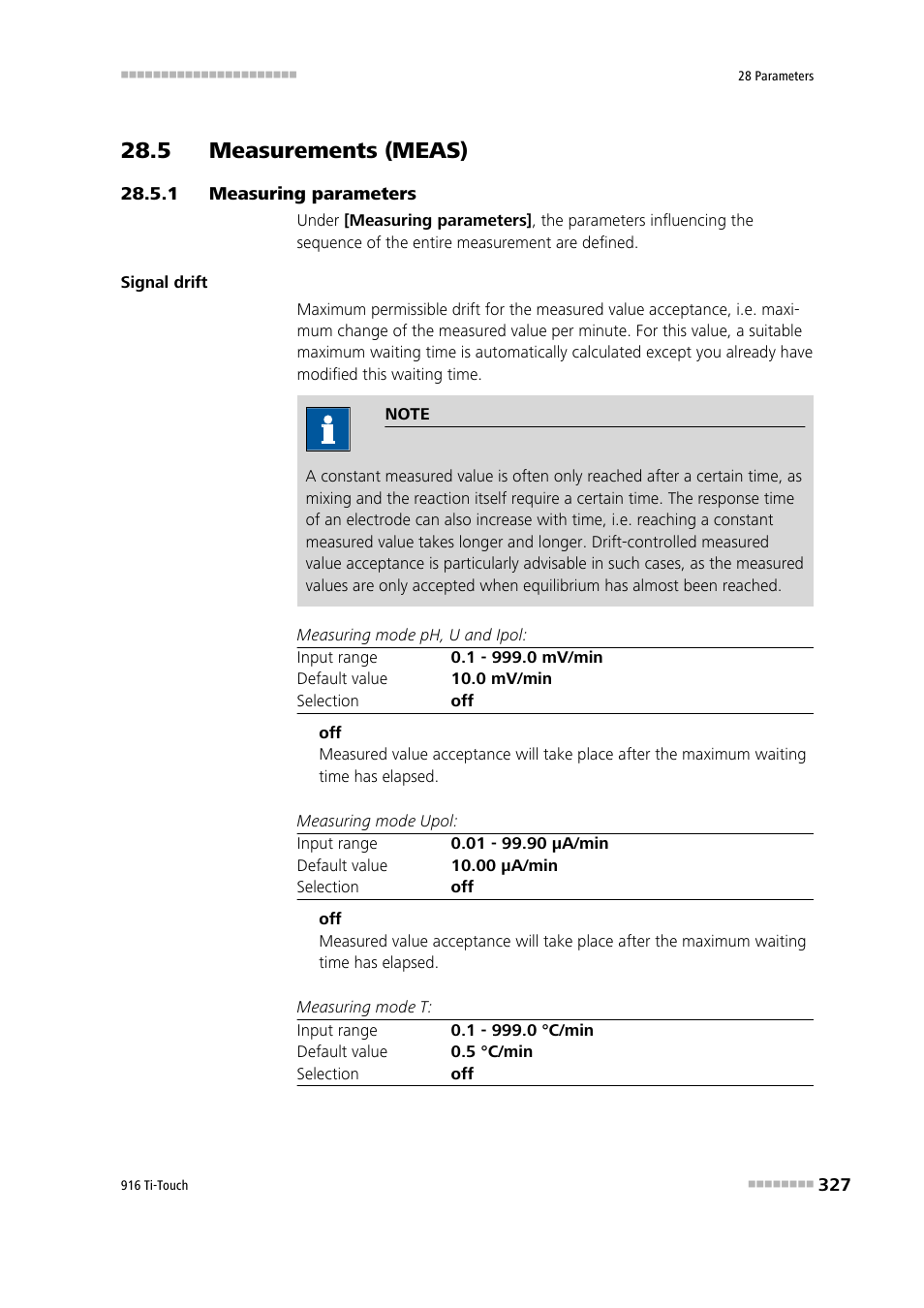 5 measurements (meas), 1 measuring parameters, 5 measurements (meas) 28.5.1 | Measuring parameters | Metrohm 916 Ti-Touch User Manual | Page 343 / 459