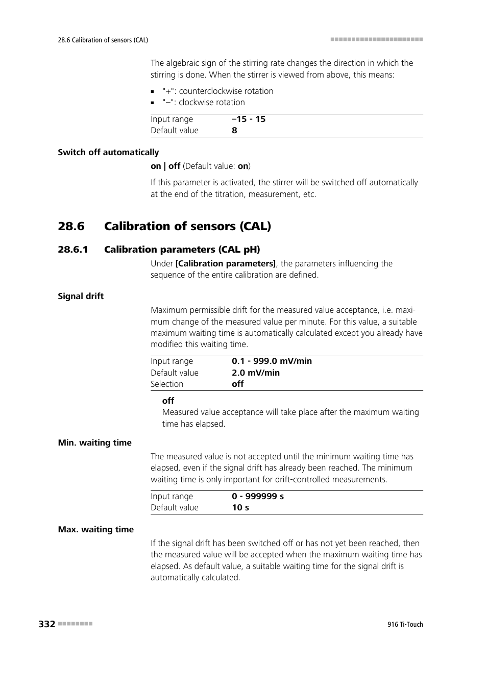 6 calibration of sensors (cal), 1 calibration parameters (cal ph), 6 calibration of sensors (cal) 28.6.1 | Calibration parameters (cal ph) | Metrohm 916 Ti-Touch User Manual | Page 348 / 459