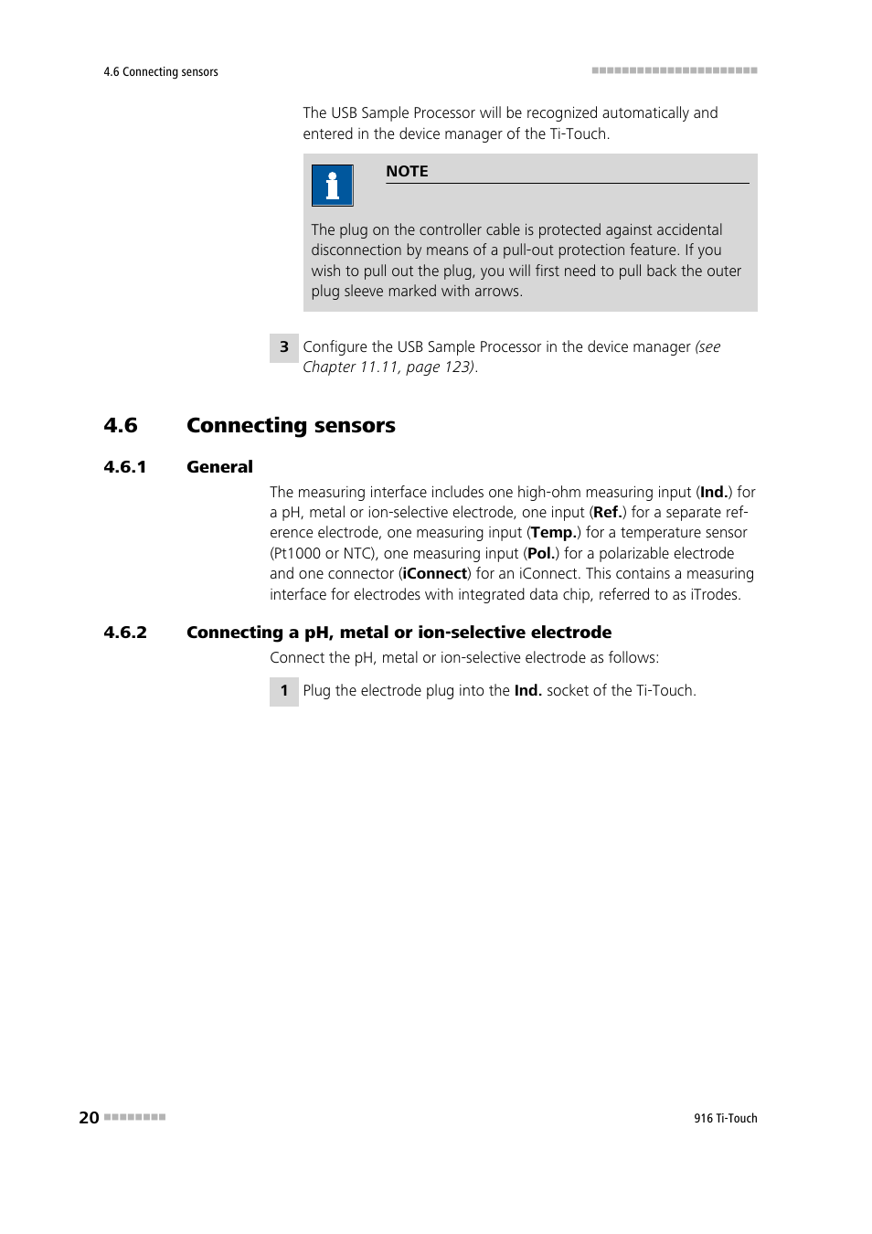 6 connecting sensors, 1 general, Connecting sensors | General, Connecting a ph, metal or ion-selective electrode | Metrohm 916 Ti-Touch User Manual | Page 36 / 459