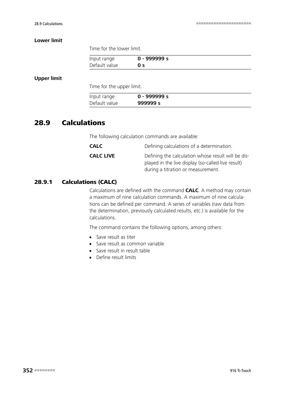 9 calculations, 1 calculations (calc), 9 calculations 28.9.1 | Calculations (calc) | Metrohm 916 Ti-Touch User Manual | Page 368 / 459