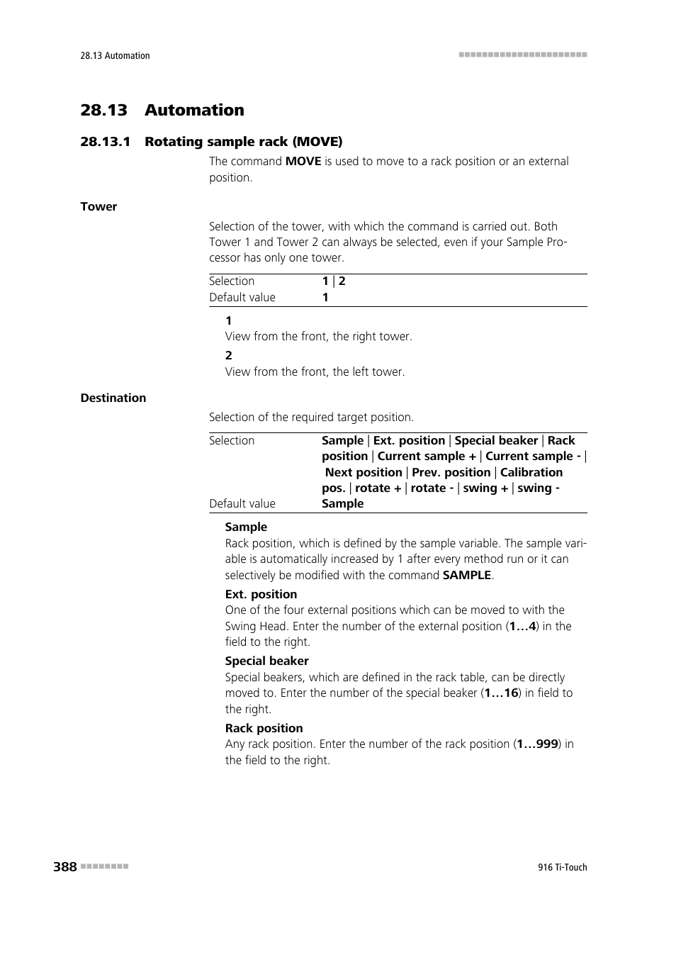 13 automation, 1 rotating sample rack (move), 13 automation 28.13.1 rotating sample rack (move) | Metrohm 916 Ti-Touch User Manual | Page 404 / 459