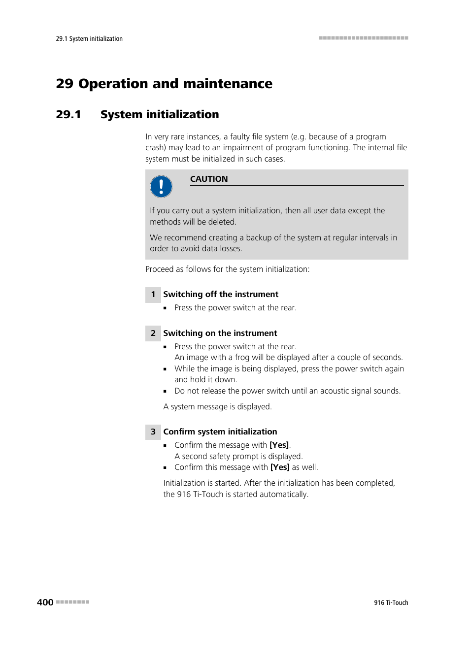 29 operation and maintenance, 1 system initialization | Metrohm 916 Ti-Touch User Manual | Page 416 / 459