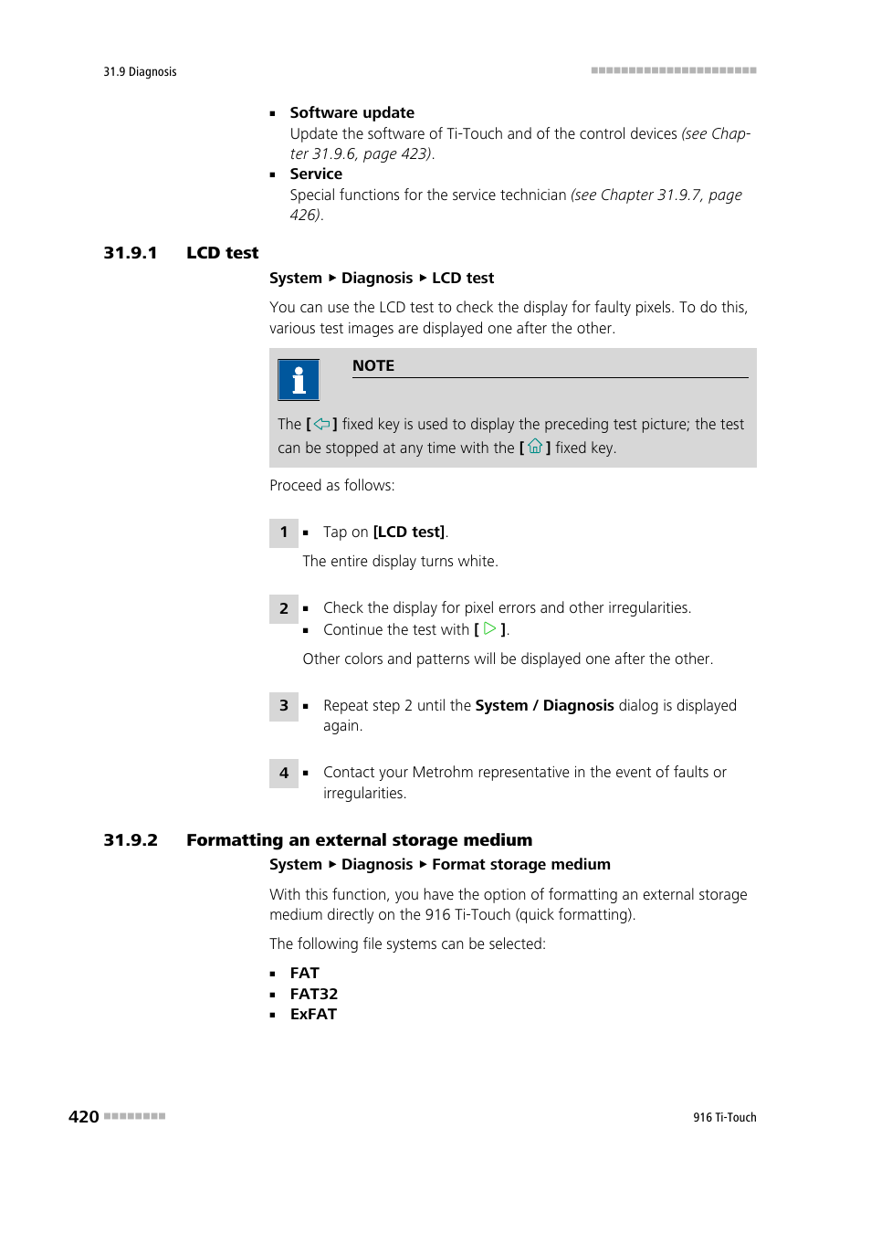 1 lcd test, 2 formatting an external storage medium, Lcd test | Formatting an external storage medium | Metrohm 916 Ti-Touch User Manual | Page 436 / 459