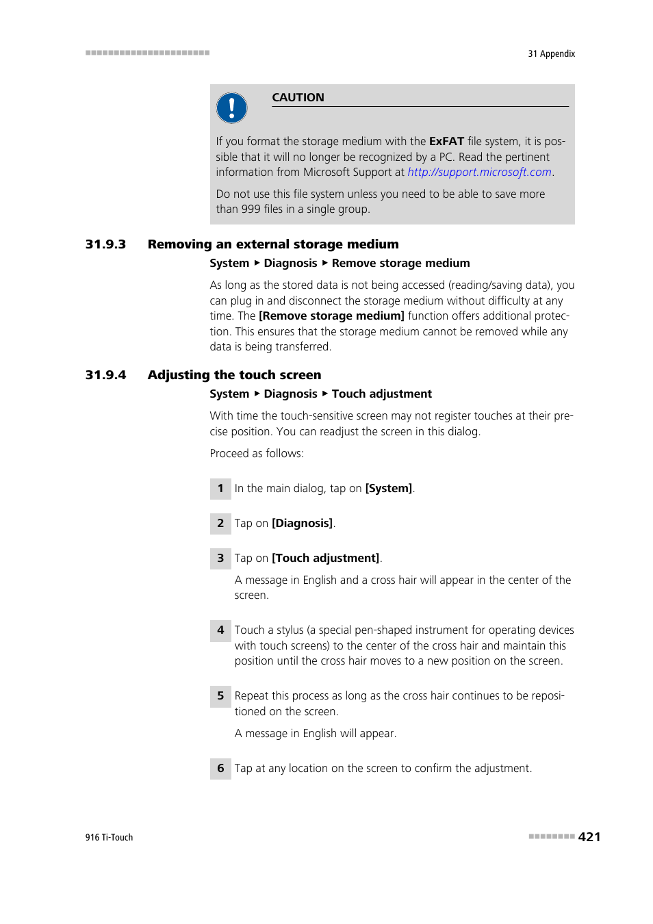 3 removing an external storage medium, 4 adjusting the touch screen, Removing an external storage medium | Adjusting the touch screen | Metrohm 916 Ti-Touch User Manual | Page 437 / 459