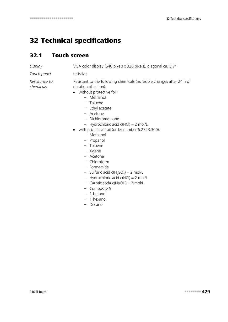 32 technical specifications, 1 touch screen | Metrohm 916 Ti-Touch User Manual | Page 445 / 459