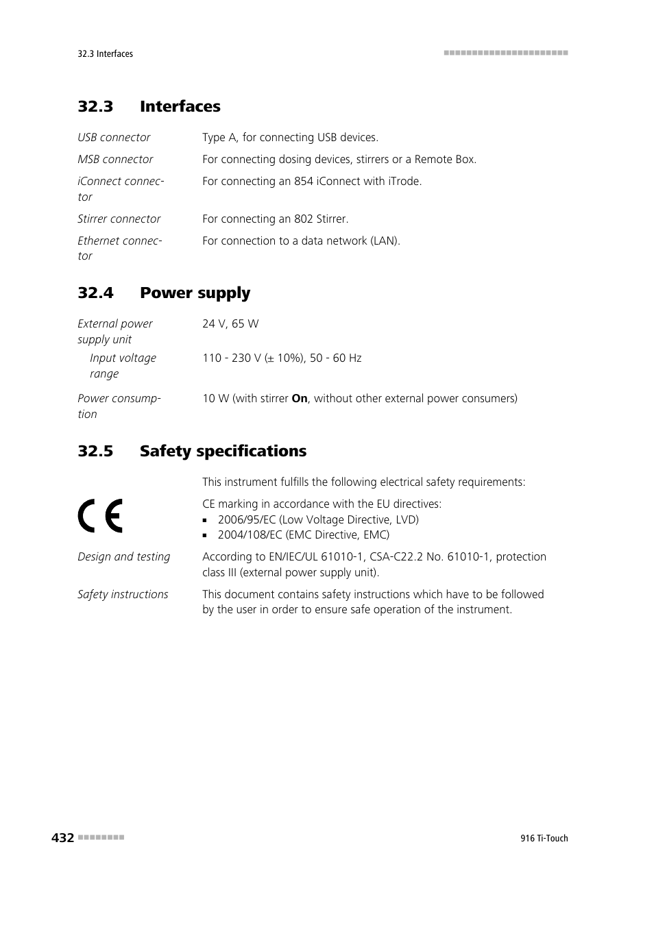 3 interfaces, 4 power supply, 5 safety specifications | Metrohm 916 Ti-Touch User Manual | Page 448 / 459