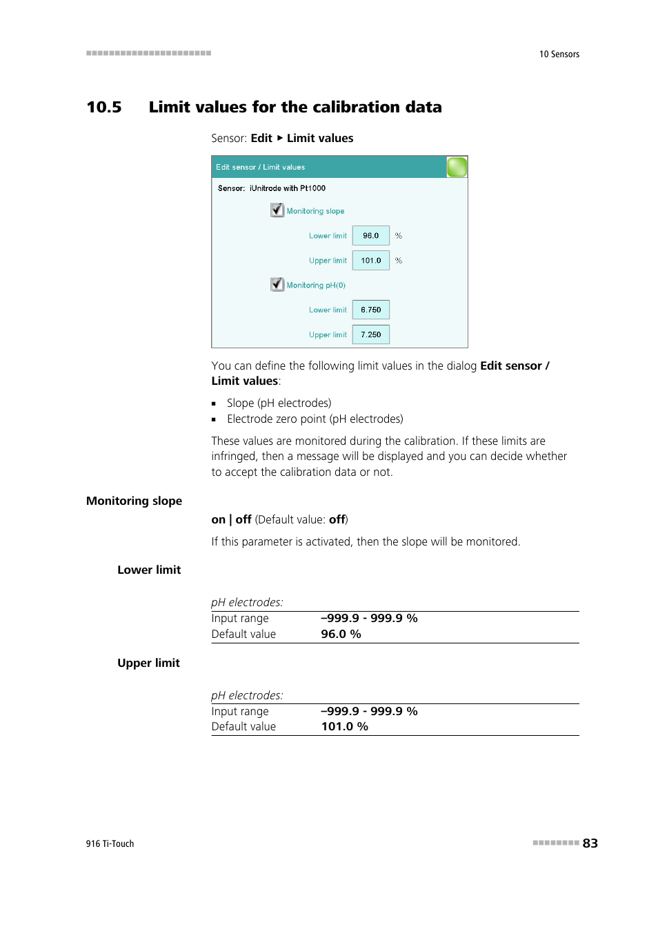 5 limit values for the calibration data | Metrohm 916 Ti-Touch User Manual | Page 99 / 459