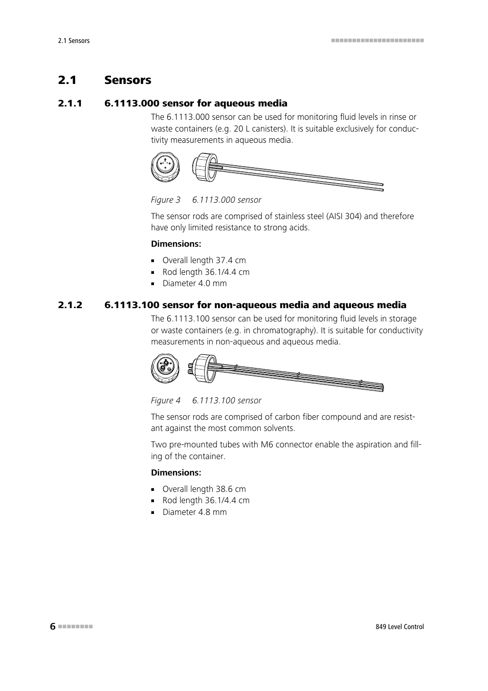 1 sensors, 1 6.1113.000 sensor for aqueous media, Sensors | 1113.000 sensor for aqueous media, Figure 3, 1113.000 sensor, Figure 4, 1113.100 sensor | Metrohm 849 Level Control User Manual | Page 14 / 32