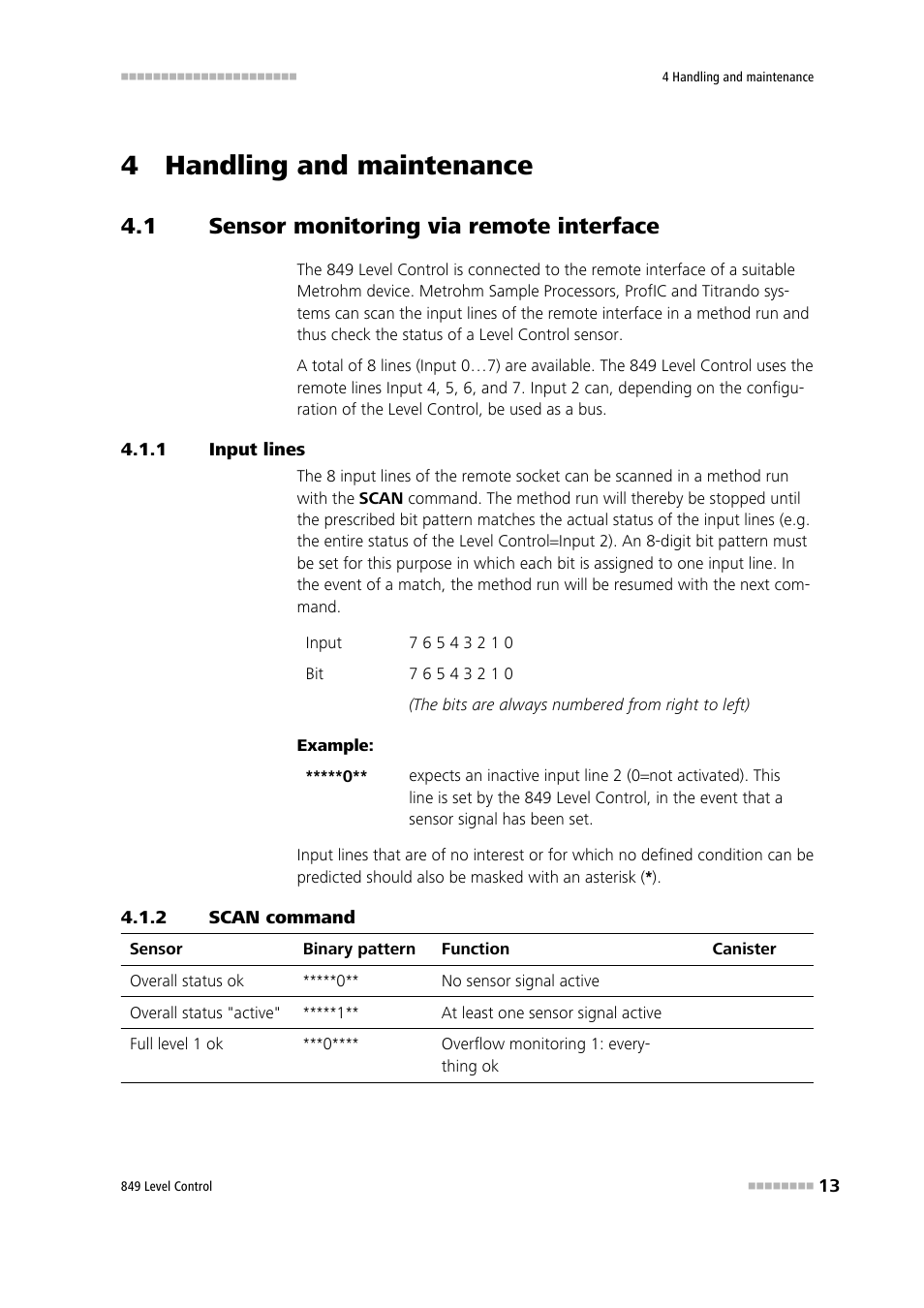 4 handling and maintenance, 1 sensor monitoring via remote interface, 1 input lines | 2 scan command, Sensor monitoring via remote interface, Input lines, Scan command | Metrohm 849 Level Control User Manual | Page 21 / 32