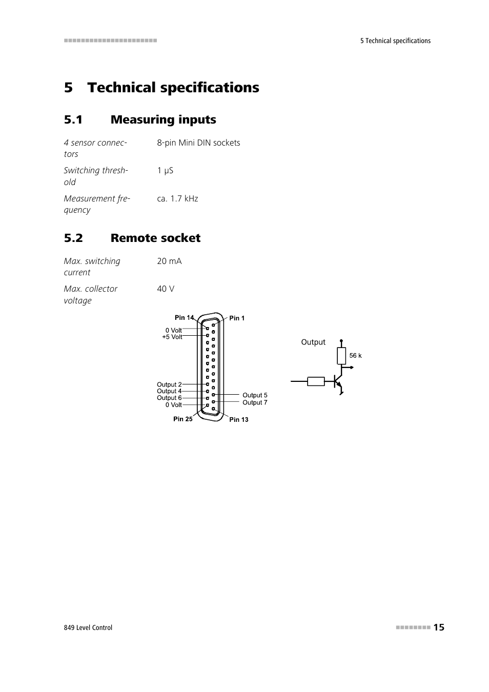 5 technical specifications, 1 measuring inputs, 2 remote socket | Measuring inputs, Remote socket | Metrohm 849 Level Control User Manual | Page 23 / 32