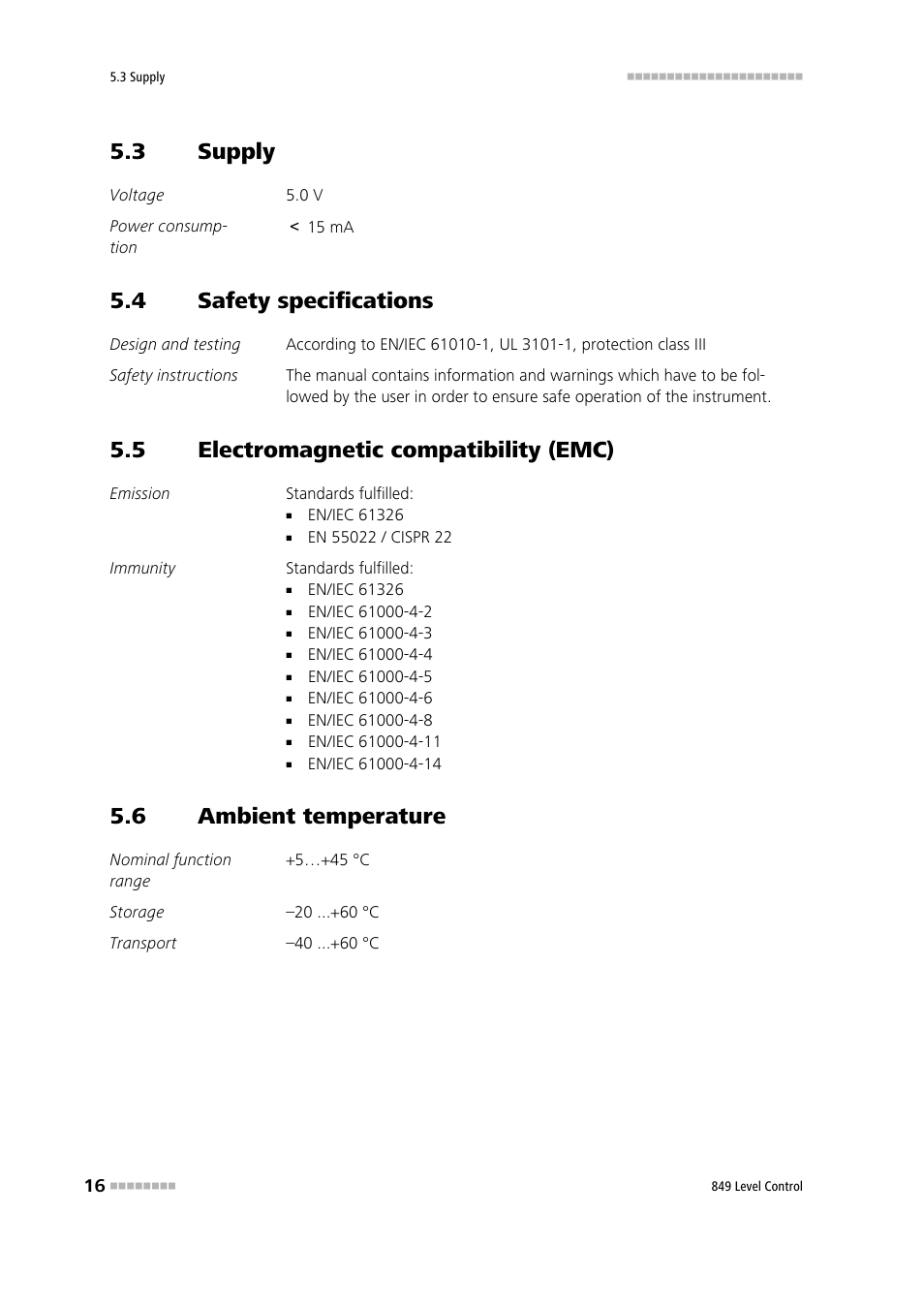 3 supply, 4 safety specifications, 5 electromagnetic compatibility (emc) | 6 ambient temperature, Supply, Safety specifications, Electromagnetic compatibility (emc), Ambient temperature | Metrohm 849 Level Control User Manual | Page 24 / 32