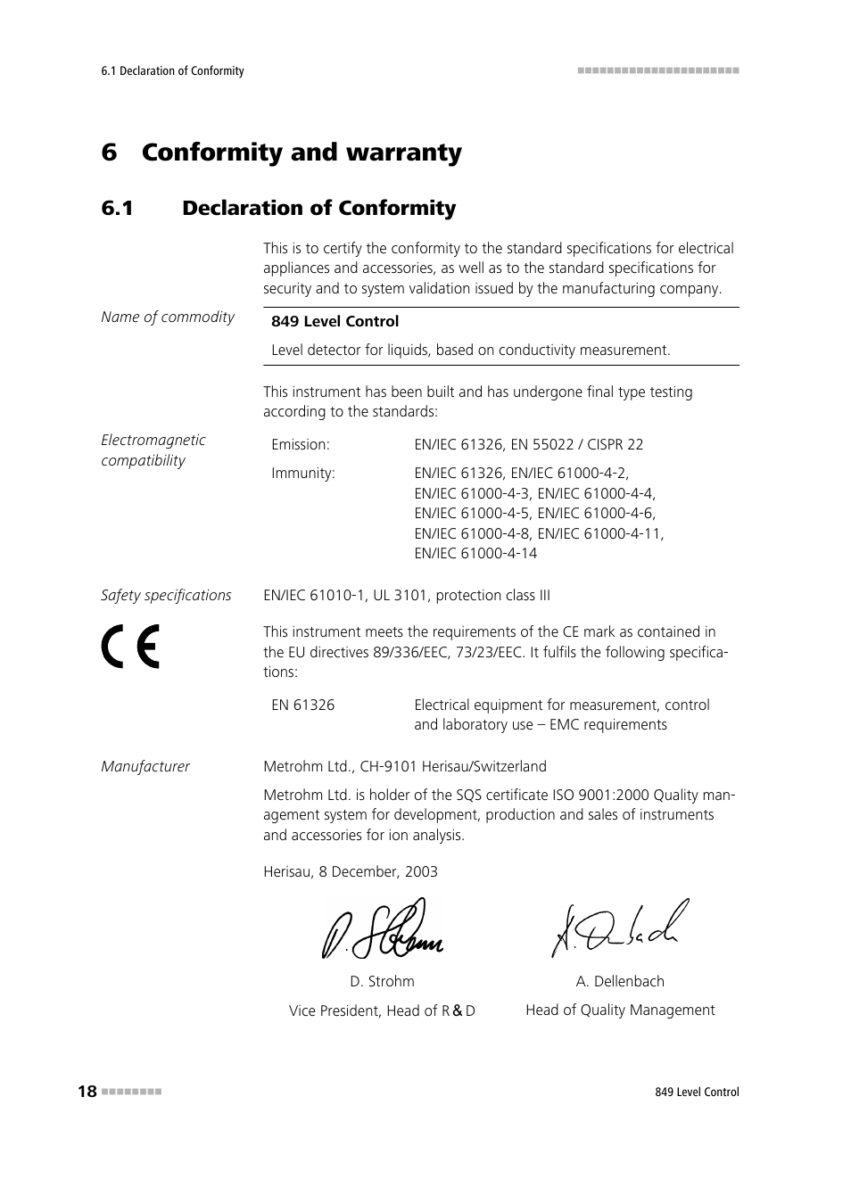 6 conformity and warranty, 1 declaration of conformity, Declaration of conformity | Metrohm 849 Level Control User Manual | Page 26 / 32