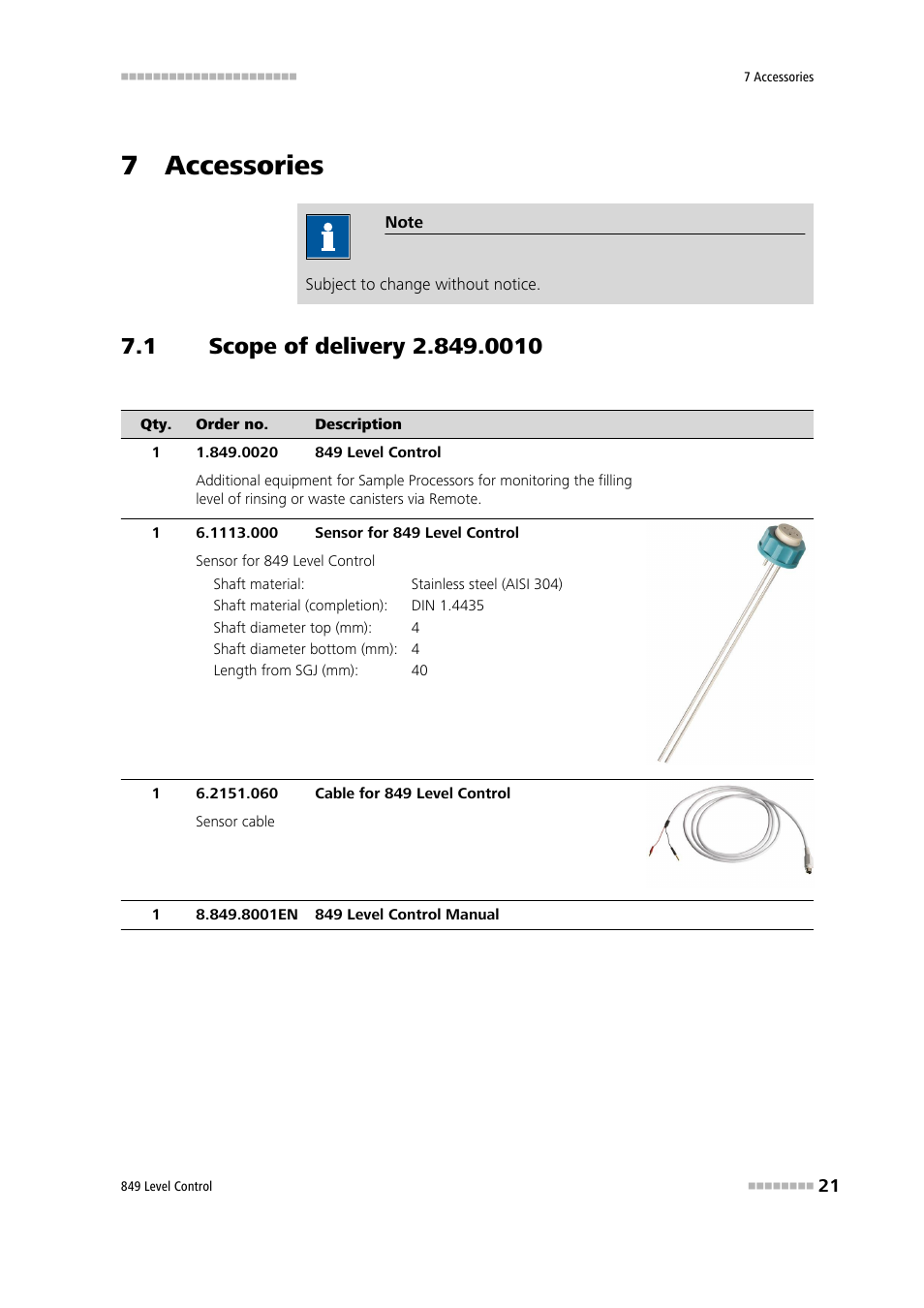 7 accessories, 1 scope of delivery 2.849.0010, Scope of delivery 2.849.0010 | Metrohm 849 Level Control User Manual | Page 29 / 32