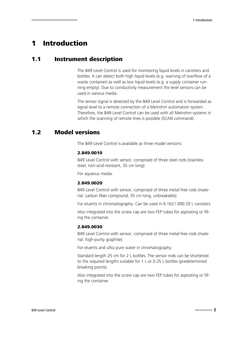 1 introduction, 1 instrument description, 2 model versions | Instrument description, Model versions | Metrohm 849 Level Control User Manual | Page 9 / 32