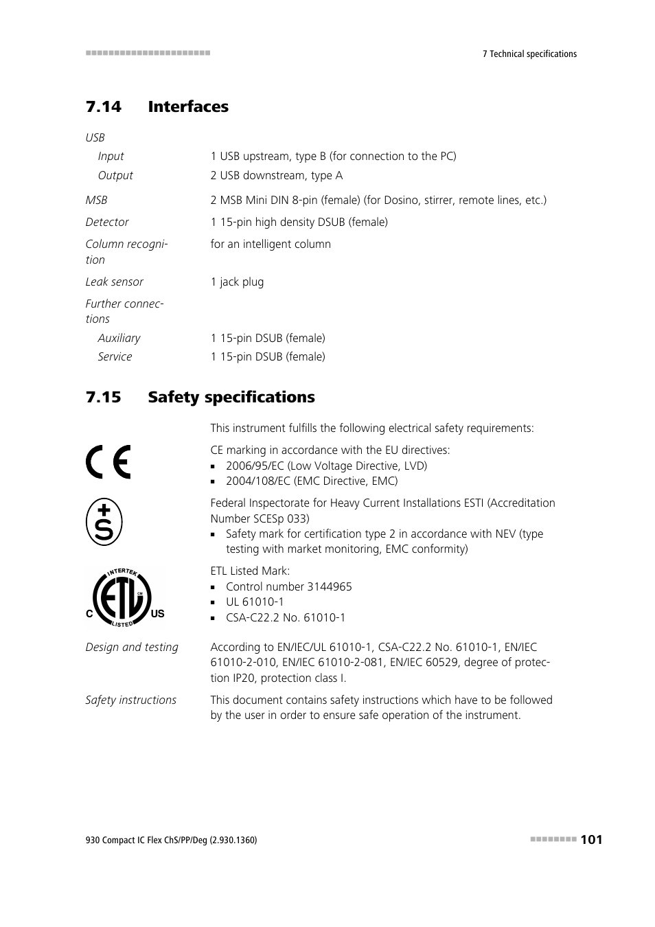 14 interfaces, 15 safety specifications | Metrohm 930 Compact IC Flex ChS/PP/Deg User Manual | Page 109 / 116