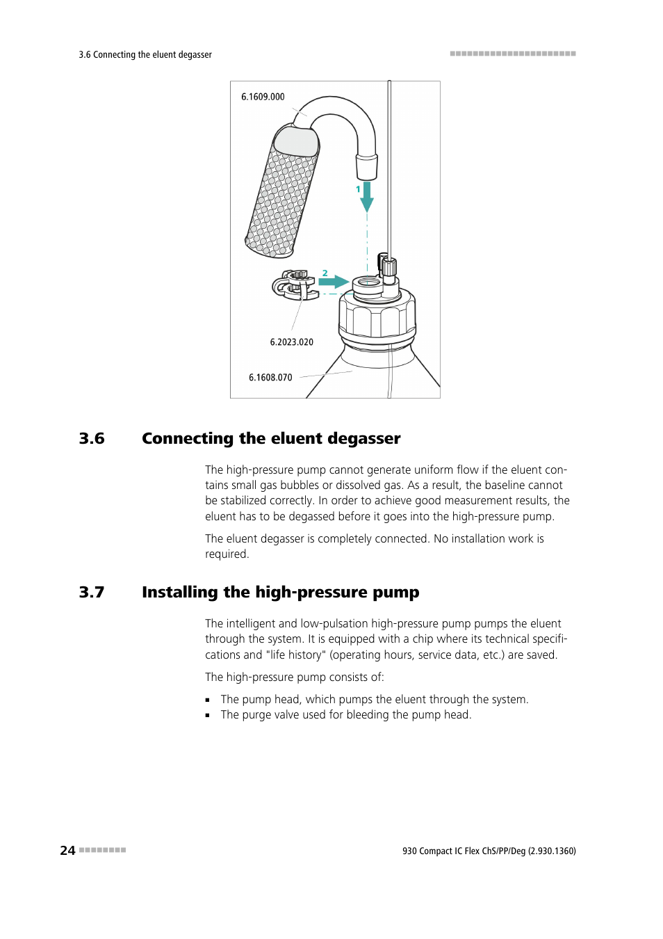 6 connecting the eluent degasser, 7 installing the high-pressure pump, Connecting the eluent degasser | Installing the high-pressure pump | Metrohm 930 Compact IC Flex ChS/PP/Deg User Manual | Page 32 / 116