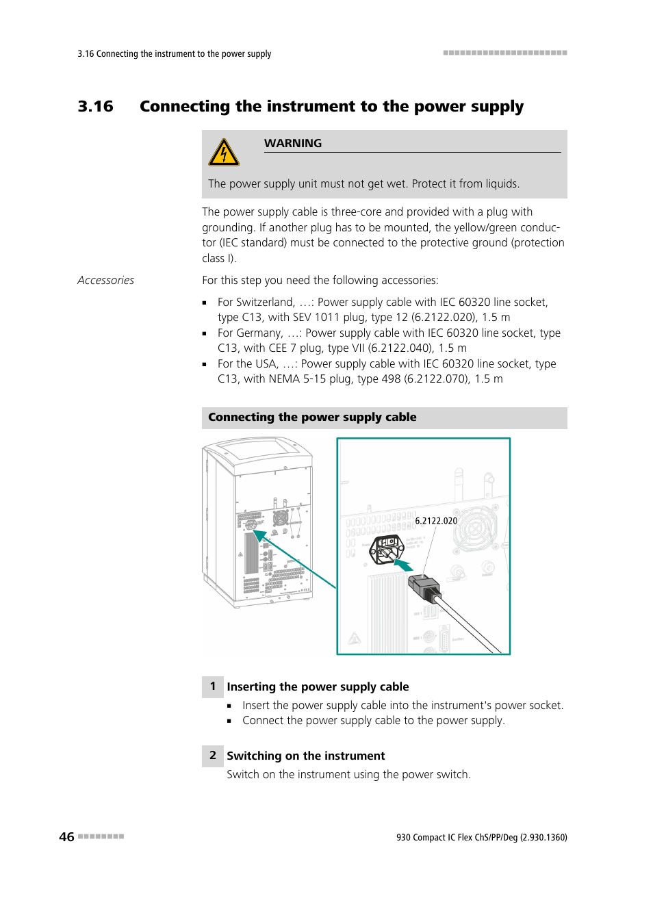 16 connecting the instrument to the power supply | Metrohm 930 Compact IC Flex ChS/PP/Deg User Manual | Page 54 / 116
