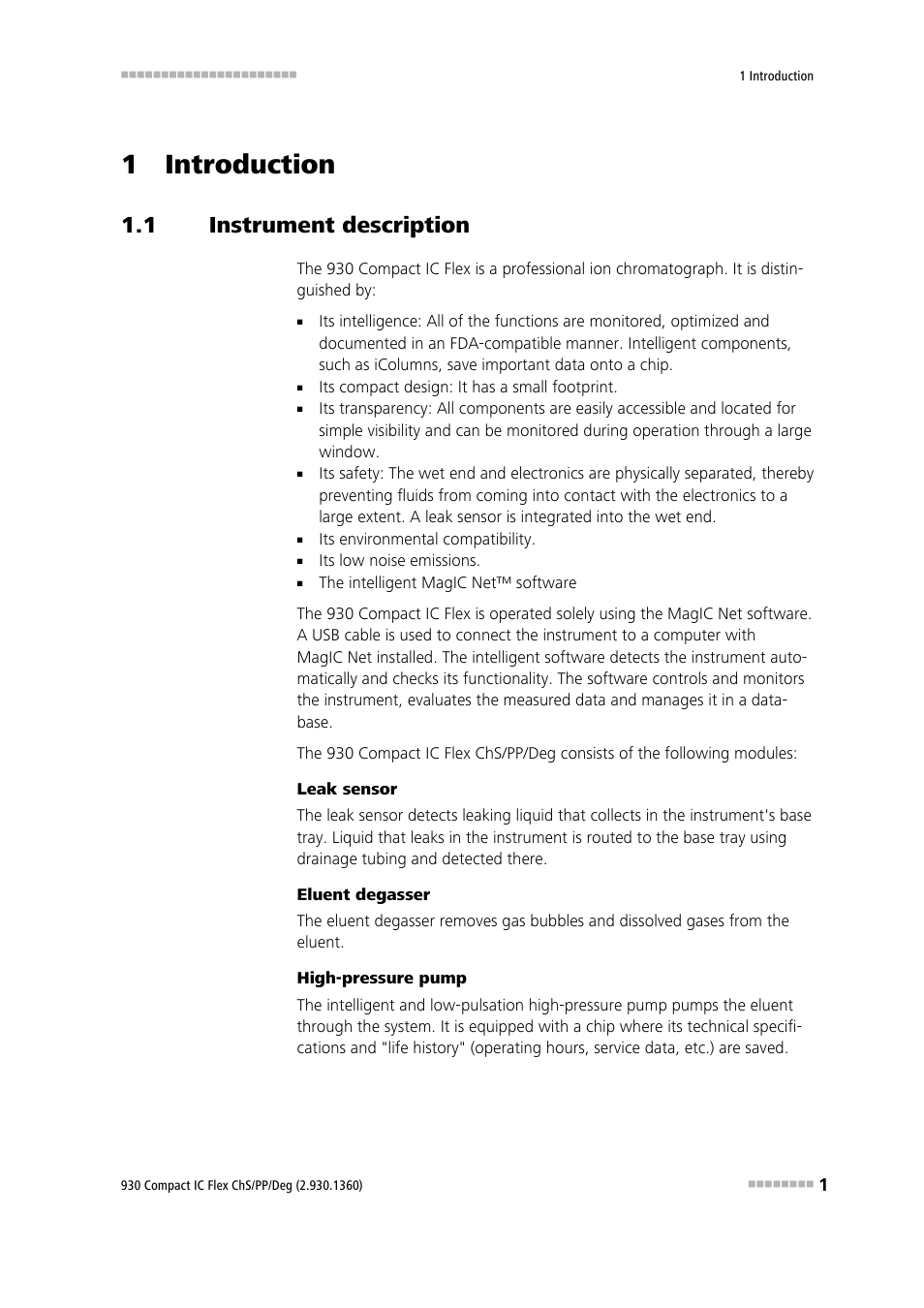 1 introduction, 1 instrument description, Instrument description | Metrohm 930 Compact IC Flex ChS/PP/Deg User Manual | Page 9 / 116
