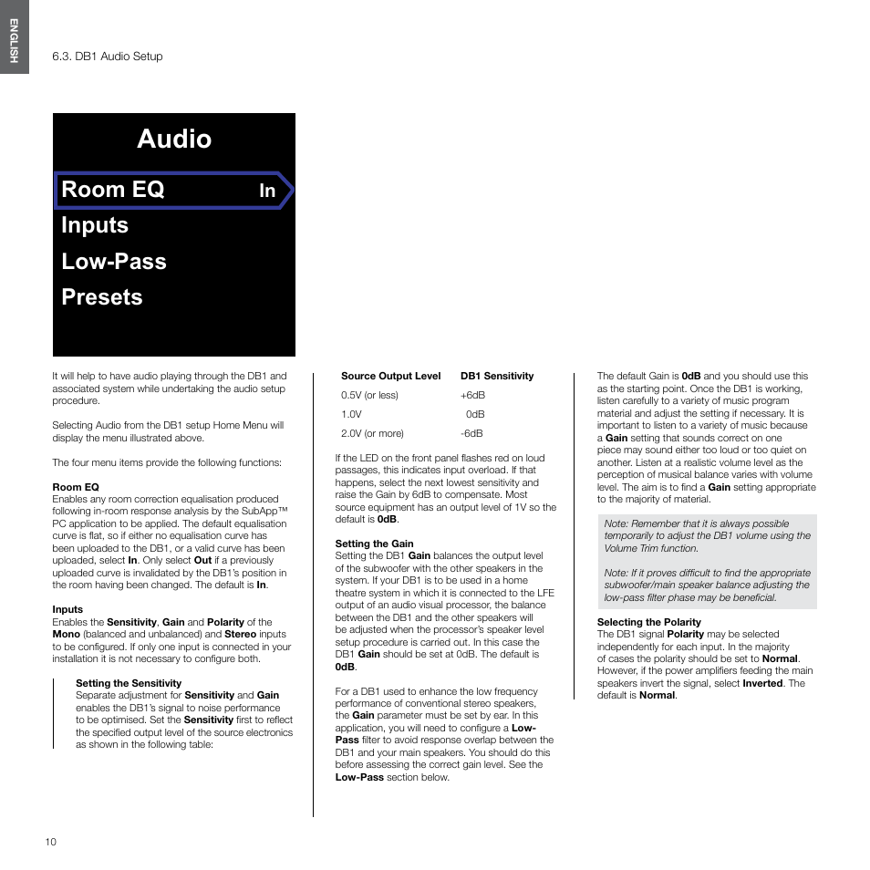 Db1 audio setup, Audio, Room eq | Inputs low-pass presets | Bowers & Wilkins DB1 User Manual | Page 10 / 115