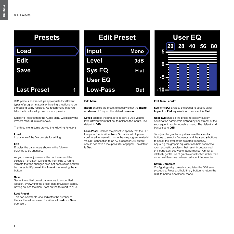 Presets, Edit preset, User eq | Load edit save last preset, Input, Level, Sys eq, User eq low-pass, Mono, Flat | Bowers & Wilkins DB1 User Manual | Page 12 / 115