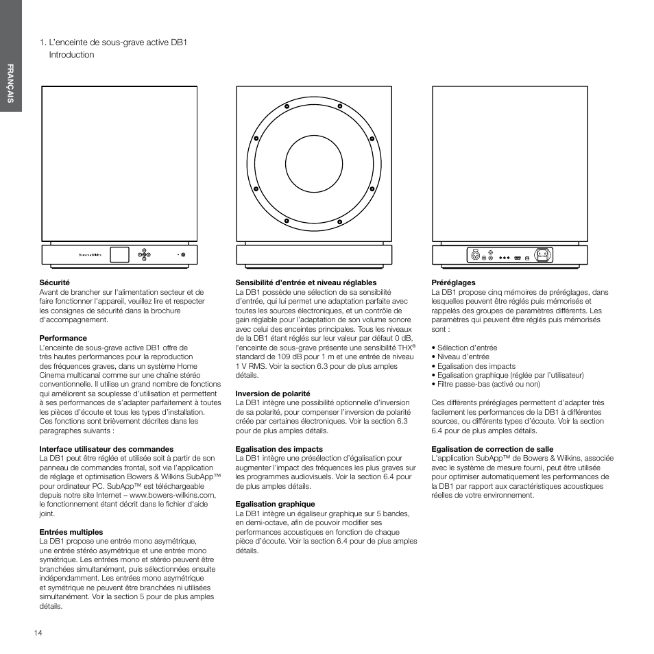 Français, L’enceinte de sous-grave active db 1 | Bowers & Wilkins DB1 User Manual | Page 14 / 115