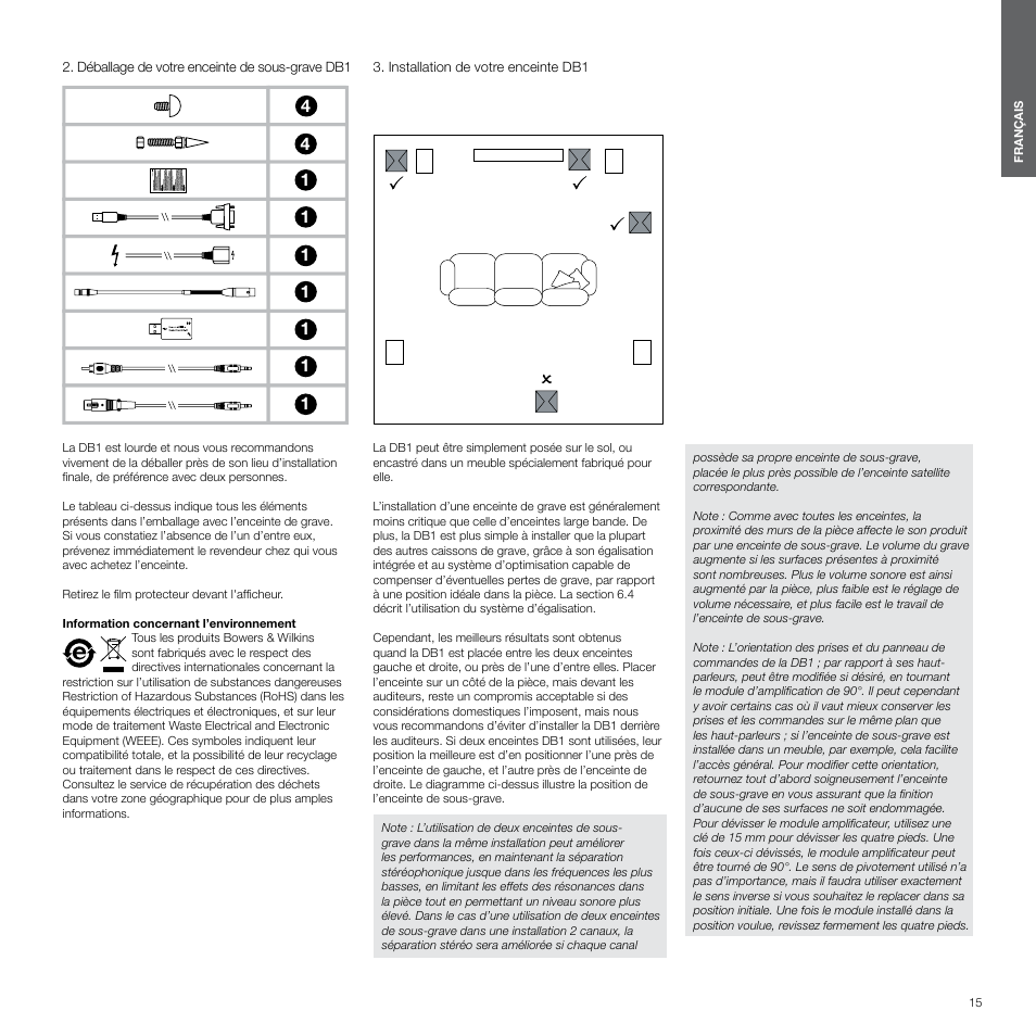 déballage de votre enceinte de sous-grave db1, Installation de votre enceinte db1 | Bowers & Wilkins DB1 User Manual | Page 15 / 115