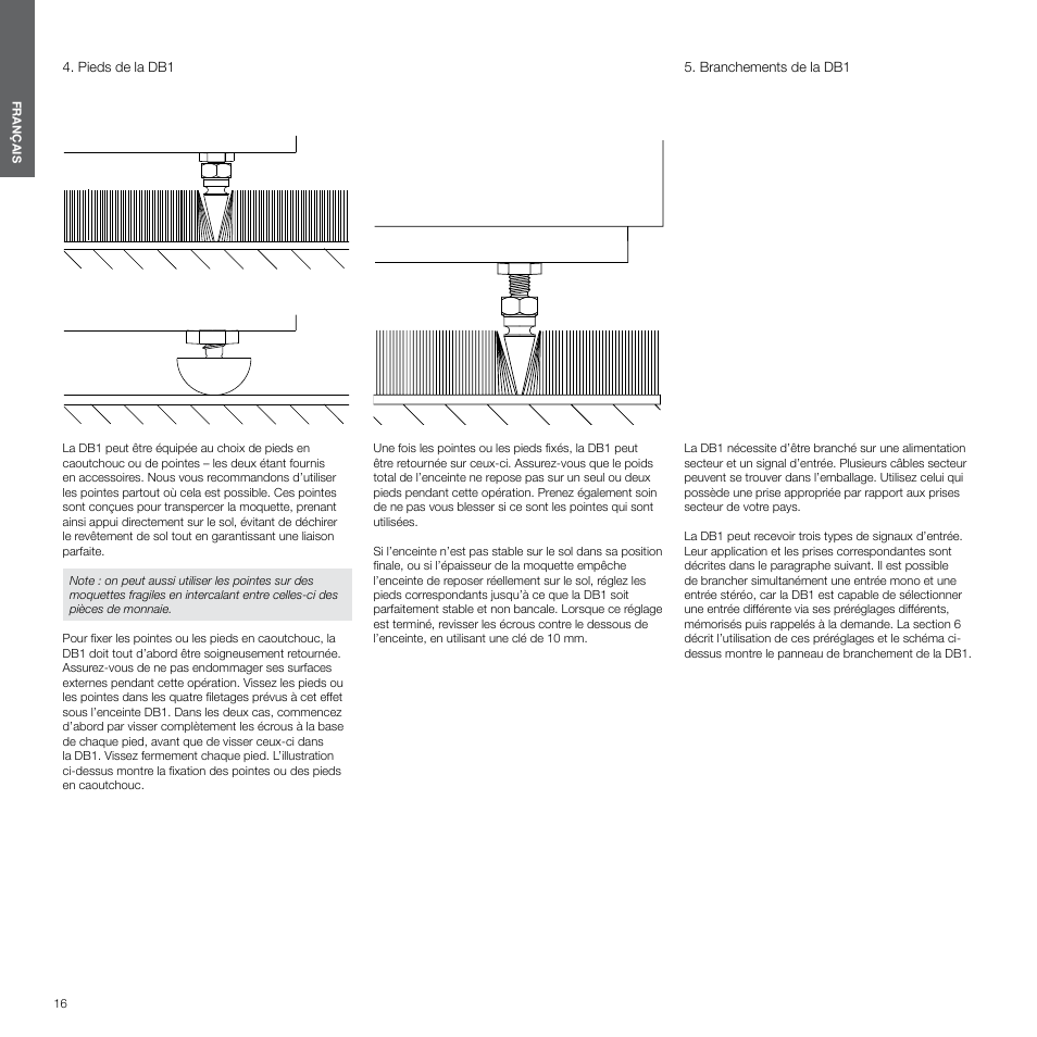 Pieds de la db1, Branchements de la db1 | Bowers & Wilkins DB1 User Manual | Page 16 / 115