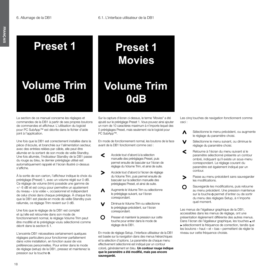 Allumage de la db1, L’interface utilisateur de la db1, Preset 1 volume trim 0db | Preset 1 movies volume trim 0db | Bowers & Wilkins DB1 User Manual | Page 18 / 115