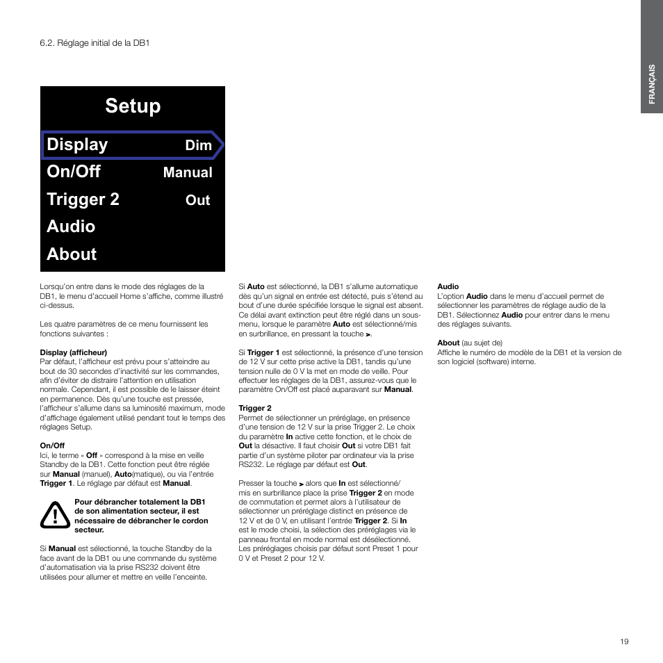 Réglage initial de la db1, Setup, Display | On/off, Trigger 2, Audio about, Manual | Bowers & Wilkins DB1 User Manual | Page 19 / 115