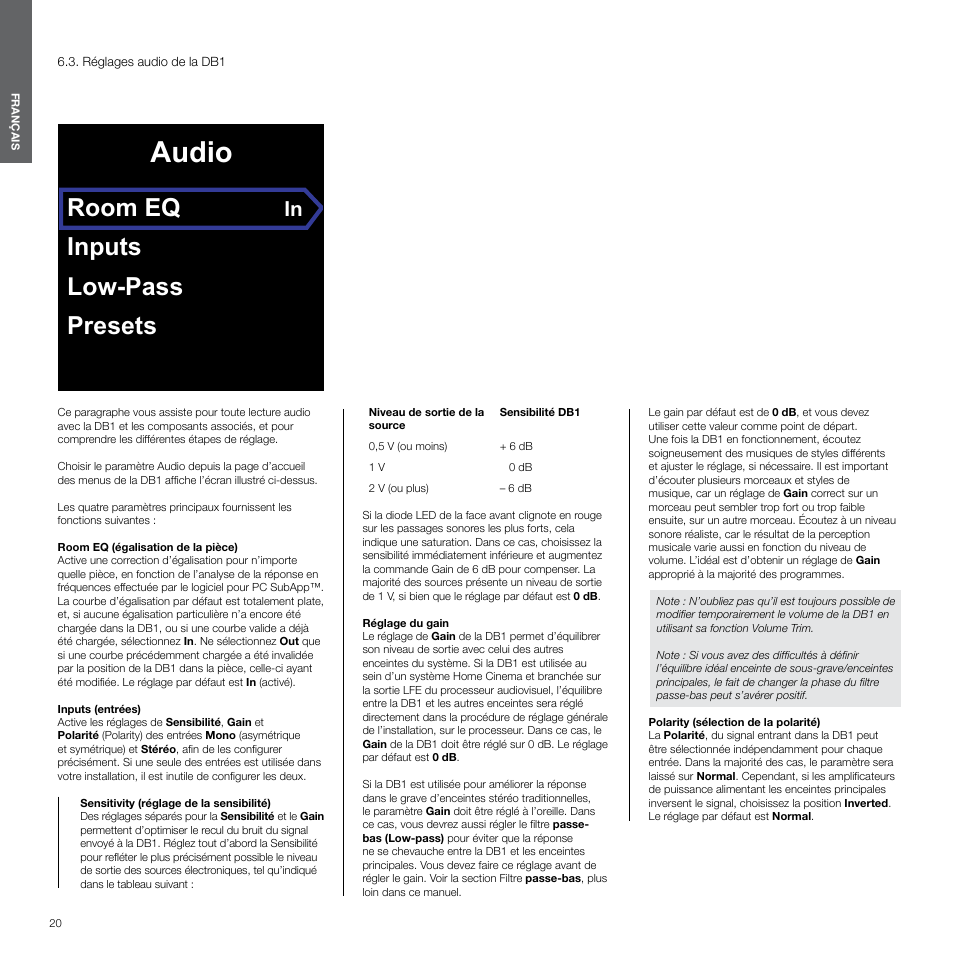 Réglages audio de la db1, Audio, Room eq | Inputs low-pass presets | Bowers & Wilkins DB1 User Manual | Page 20 / 115