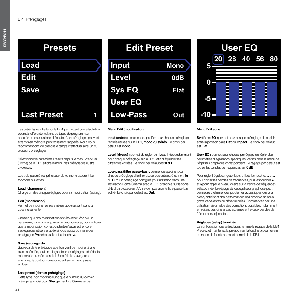 Préréglages, Presets, Edit preset | User eq, Load edit save last preset, Input, Level, Sys eq, User eq low-pass, Mono | Bowers & Wilkins DB1 User Manual | Page 22 / 115