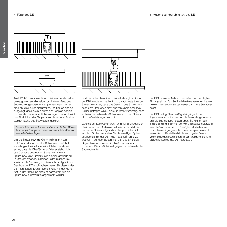 Füße des db1, Anschlussmöglichkeiten des db1 | Bowers & Wilkins DB1 User Manual | Page 26 / 115
