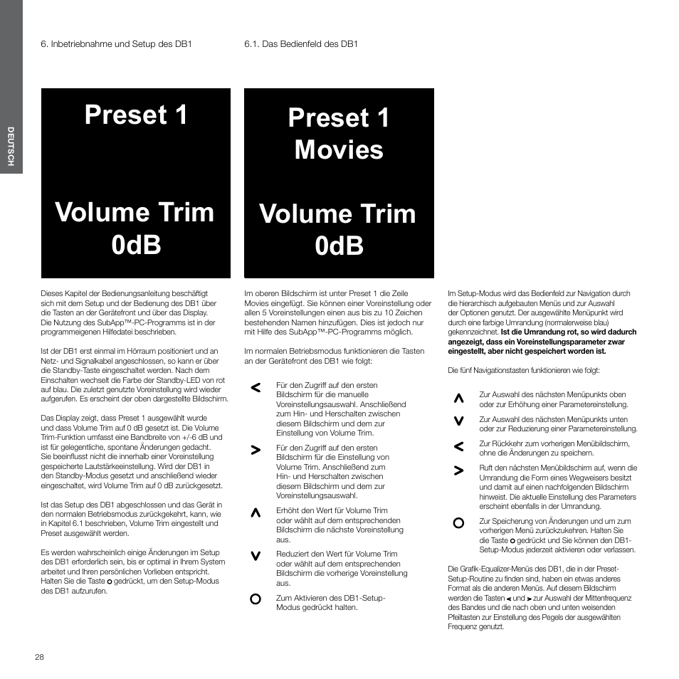 Inbetriebnahme und setup des db1, Das bedienfeld des db1, Preset 1 volume trim 0db | Preset 1 movies volume trim 0db | Bowers & Wilkins DB1 User Manual | Page 28 / 115
