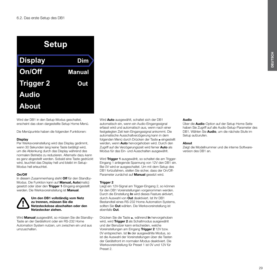 Das erste setup des db1, Setup, Display | On/off, Trigger 2, Audio about, Manual | Bowers & Wilkins DB1 User Manual | Page 29 / 115