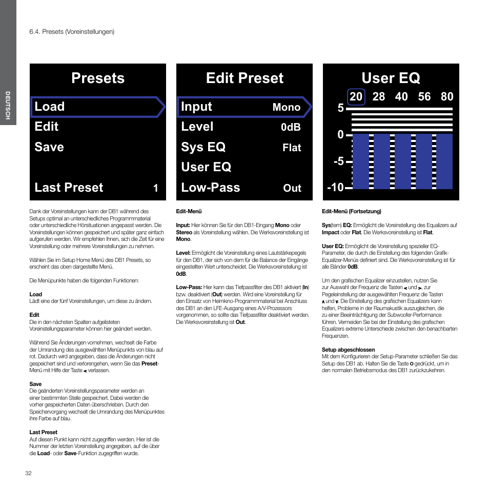 Presets (voreinstellungen), Presets, Edit preset | User eq, Load edit save last preset, Input, Level, Sys eq, User eq low-pass, Mono | Bowers & Wilkins DB1 User Manual | Page 32 / 115