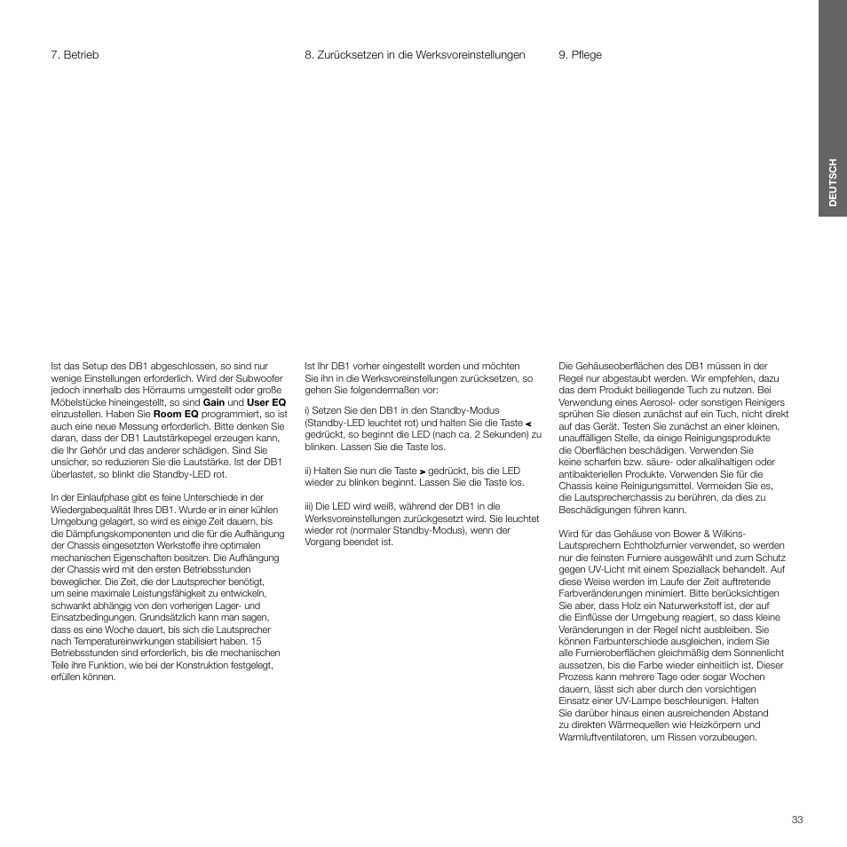 Betrieb, Zurücksetzen in die werksvoreinstellungen, Pflege | Bowers & Wilkins DB1 User Manual | Page 33 / 115