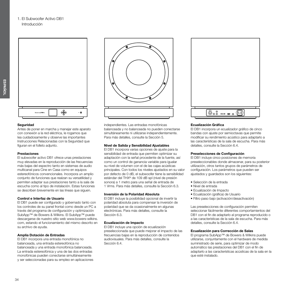 Español, El subwoofer activo db1 | Bowers & Wilkins DB1 User Manual | Page 34 / 115