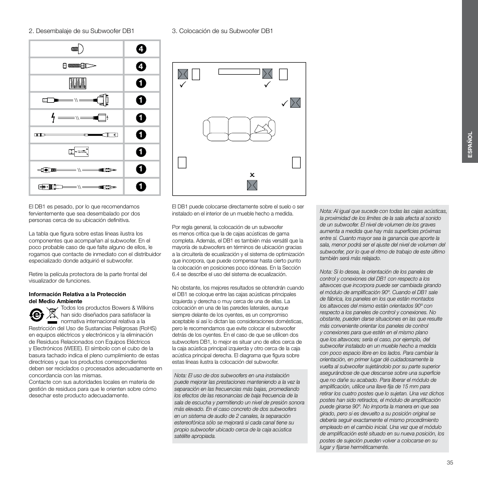 Desembalaje de su subwoofer db1, Colocación de su subwoofer db1 | Bowers & Wilkins DB1 User Manual | Page 35 / 115