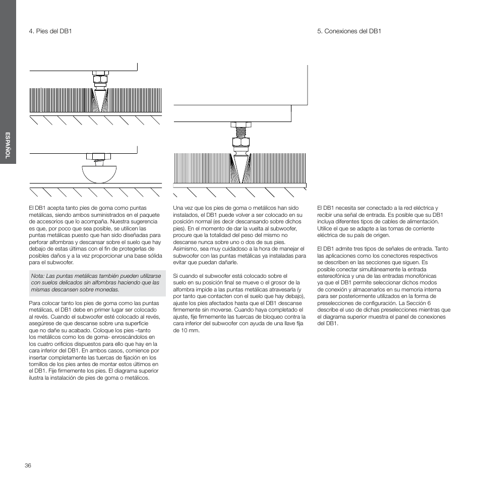 Pies del db1, Conexiones del db1 | Bowers & Wilkins DB1 User Manual | Page 36 / 115