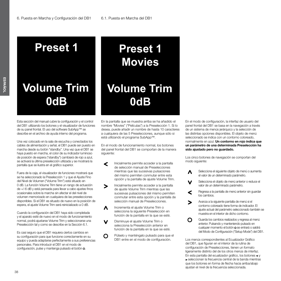 Puesta en marcha y configuración del db1, Puesta en marcha del db1, Preset 1 volume trim 0db | Preset 1 movies volume trim 0db | Bowers & Wilkins DB1 User Manual | Page 38 / 115
