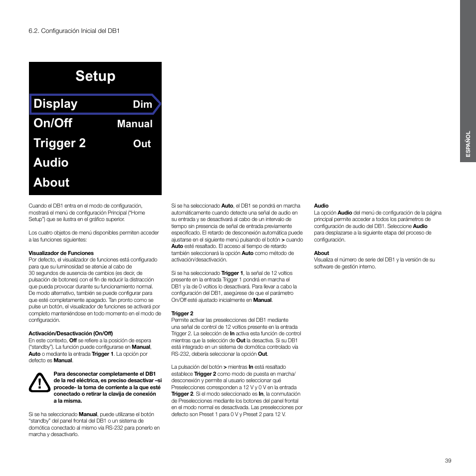 Configuración inicial del db1, Setup, Display | On/off, Trigger 2, Audio about, Manual | Bowers & Wilkins DB1 User Manual | Page 39 / 115