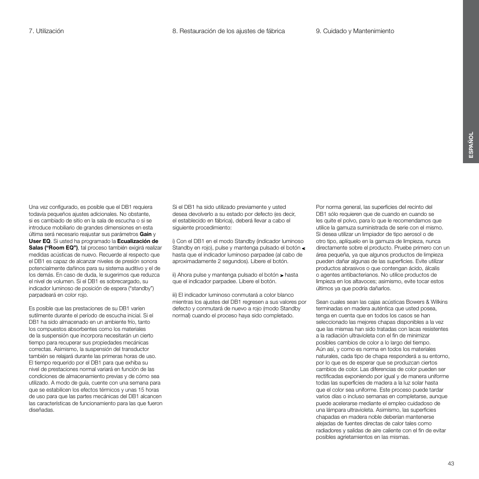 Utilización, Restauración de los ajustes de fábrica, Cuidado y mantenimiento | Bowers & Wilkins DB1 User Manual | Page 42 / 115