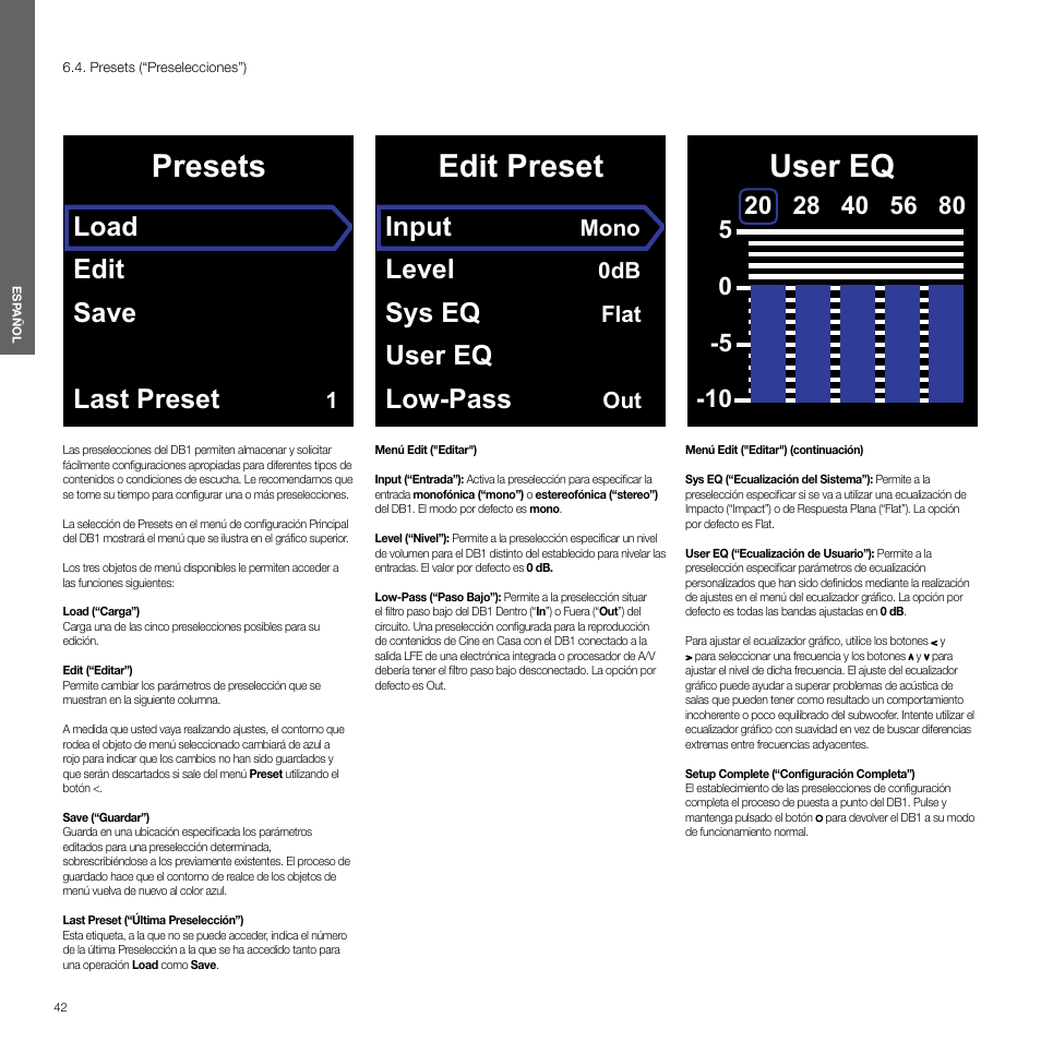 Presets (“preselecciones”), Presets, Edit preset | User eq, Load edit save last preset, Input, Level, Sys eq, User eq low-pass, Mono | Bowers & Wilkins DB1 User Manual | Page 43 / 115