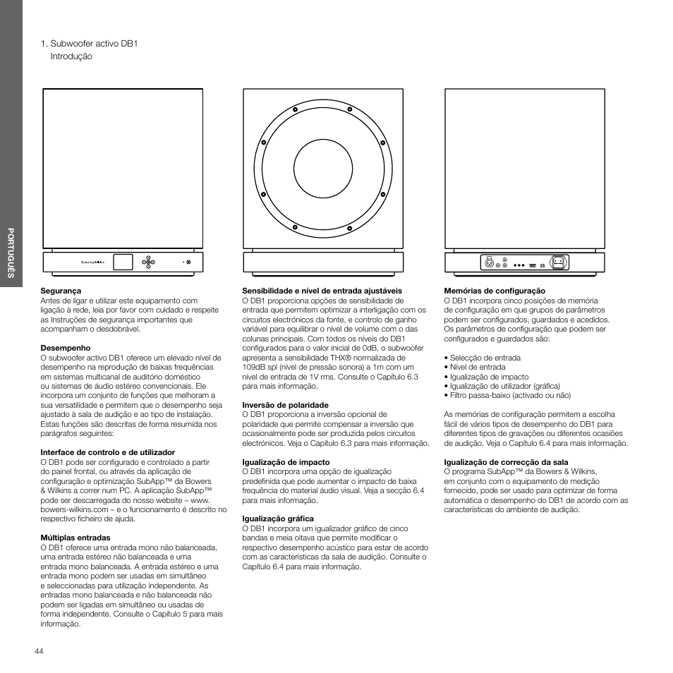 Português, subwoofer activo db1 introdução | Bowers & Wilkins DB1 User Manual | Page 44 / 115